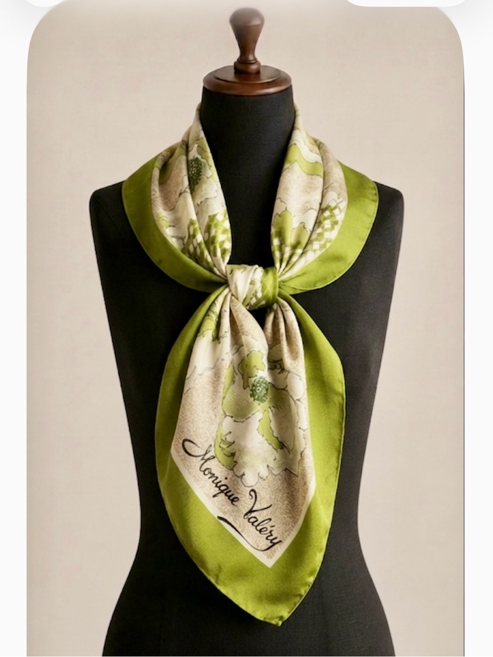 Vintage Monique Valéry Green and Cream Silky Scarf